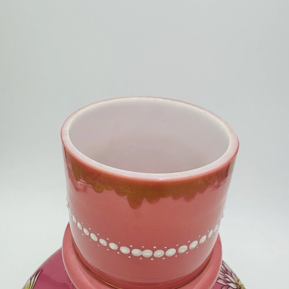Victorian Aesthetic Pink Opaline Glass Vase Roosters Fighting Daisies Large Rare